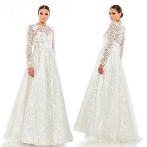 Mac Duggal Embellished Illusion Long Sleeve A-Line Lace Gown White 11121